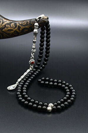 Doğal Oniks Taşlı 99'lük Tesbih Metal Püsküllü 6mm Küre Kesim 902261