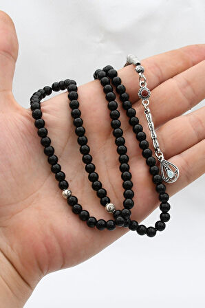 Doğal Oniks Taşlı 99'lük Tesbih Metal Püsküllü 6mm Küre Kesim 902261