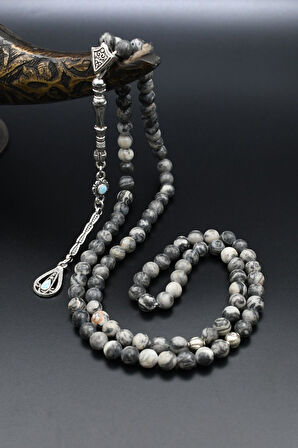 Doğal Gri Jasper Taşlı 99'lük Tesbih Metal Püsküllü 6mm Küre Kesim 902265