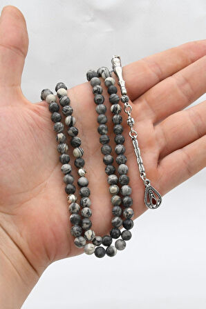 Doğal Gri Jasper Taşlı 99'lük Tesbih Metal Püsküllü 6mm Küre Kesim 902265