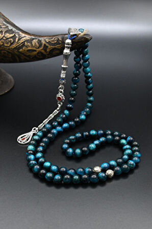 Doğal Mavi Kaplan Gözü Taşlı 99'lük Tesbih Metal Püsküllü 6mm Küre Kesim 902268