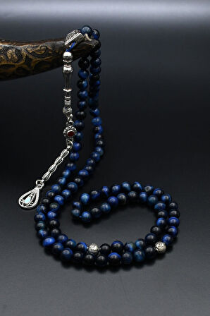 Doğal Lacivert Kaplan Gözü Taşlı 99'lük Tesbih Metal Püsküllü 6mm Küre Kesim 902275