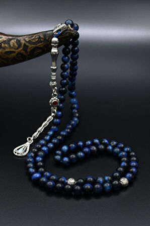 Doğal Lacivert Kaplan Gözü Taşlı 99'lük Tesbih Metal Püsküllü 6mm Küre Kesim 902275