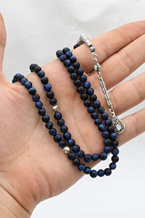 Doğal Lacivert Kaplan Gözü Taşlı 99'lük Tesbih Metal Püsküllü 6mm Küre Kesim 902275