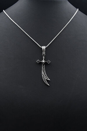 Erkek Kolye Zincir Hz. Ali Zülfikar Kılıcı Siyah Zirkon Taşlı 925 Ayar Gümüş 902312