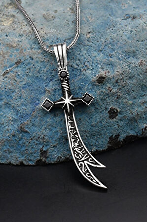 Erkek Kolye Zincir Hz. Ali Zülfikar Kılıcı Siyah Zirkon Taşlı 925 Ayar Gümüş 902312