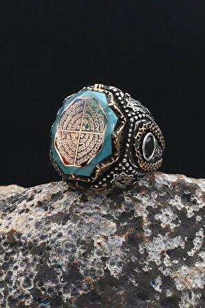 Nas Ve Felak Ve Ihlas Ve Kafirun Sureleri Sıkma Kehribar Taşlı 925 Ayar Gümüş Erkek Yüzüğü 902314