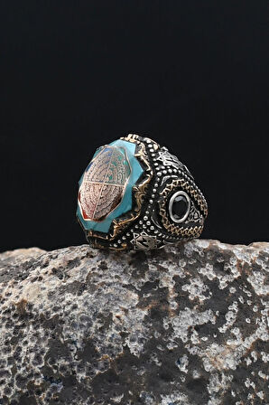 Nas Ve Felak Ve Ihlas Ve Kafirun Sureleri Sıkma Kehribar Taşlı 925 Ayar Gümüş Erkek Yüzüğü 902314