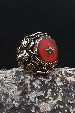 Özel Tasarım Ay Yıldızlı -Osmanlı Tuğralı-Aslan Figürlü-Kelime-i Tevhid Yazlı 925 Ayar Gümüş Erkek yüzük 902316