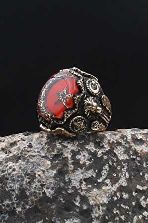 Özel Tasarım Ay Yıldızlı -Osmanlı Tuğralı-Aslan Figürlü-Kelime-i Tevhid Yazlı 925 Ayar Gümüş Erkek yüzük 902316