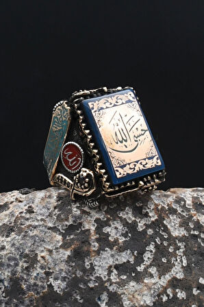 Özel Tasarım Hasbiyallah ve Kelime-i Tevhid ve Allah ve Muhammed Yazılı 925 Gümüş Erkek Yüzük 902317