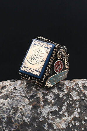 Özel Tasarım Hasbiyallah ve Kelime-i Tevhid ve Allah ve Muhammed Yazılı 925 Gümüş Erkek Yüzük 902317