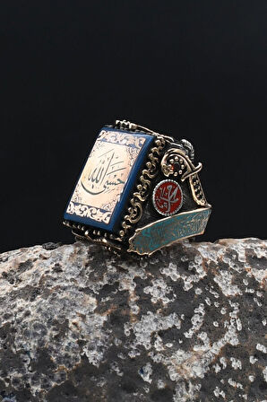 Özel Tasarım Hasbiyallah ve Kelime-i Tevhid ve Allah ve Muhammed Yazılı 925 Gümüş Erkek Yüzük 902317