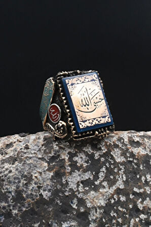 Özel Tasarım Hasbiyallah ve Kelime-i Tevhid ve Allah ve Muhammed Yazılı 925 Gümüş Erkek Yüzük 902317