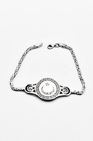Kelime-i Tevhid Yazlı ve Ay Yıldızlı - Ay Yıldız 2mm Kral Zincir 925 Ayar Gümüş Bileklik 902319