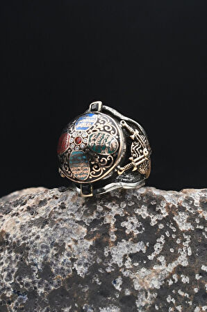 Özel Tasarım Nas Ve Felak Ve Ihlas Sureleri Mineli Kılıc Figürlü 925 Ayar Gümüş Erkek Yüzüğü 902323