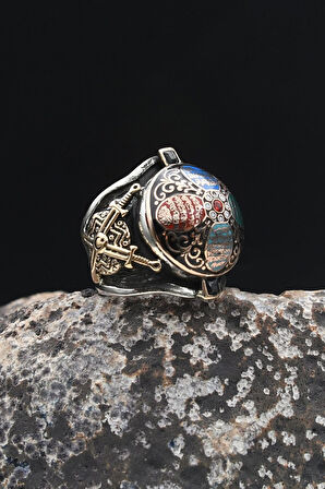 Özel Tasarım Nas Ve Felak Ve Ihlas Sureleri Mineli Kılıc Figürlü 925 Ayar Gümüş Erkek Yüzüğü 902323