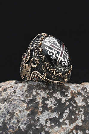 Özel Tasarım Hz. Ali'nin Kılıcı Zülfikar Sıkma Kehribar Taşlı 925 Ayar Gümüş Erkek Yüzüğü 902325