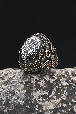 Özel Tasarım Hz. Ali'nin Kılıcı Zülfikar Sıkma Kehribar Taşlı 925 Ayar Gümüş Erkek Yüzüğü 902325