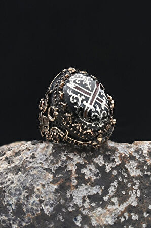 Özel Tasarım Hz. Ali'nin Kılıcı Zülfikar Sıkma Kehribar Taşlı 925 Ayar Gümüş Erkek Yüzüğü 902325