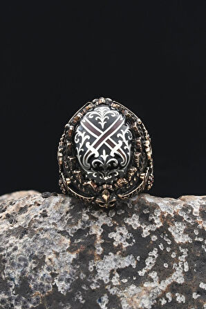 Özel Tasarım Hz. Ali'nin Kılıcı Zülfikar Sıkma Kehribar Taşlı 925 Ayar Gümüş Erkek Yüzüğü 902325