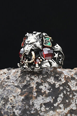 Ay Yıldızlı - Ay Yıldız ve Kurt Figürlü ve Kırmızı Zirkon Taşlı 925 Ayar Gümüş Erkek Yüzük 902327