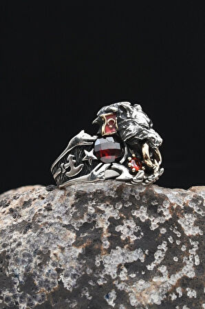 Ay Yıldızlı - Ay Yıldız ve Kurt Figürlü ve Kırmızı Zirkon Taşlı 925 Ayar Gümüş Erkek Yüzük 902327