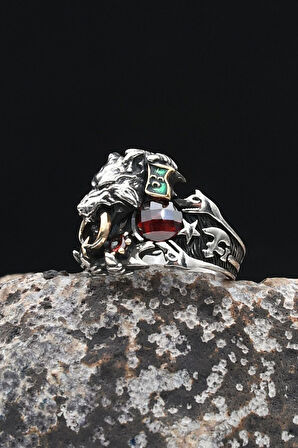 Ay Yıldızlı - Ay Yıldız ve Kurt Figürlü ve Kırmızı Zirkon Taşlı 925 Ayar Gümüş Erkek Yüzük 902327