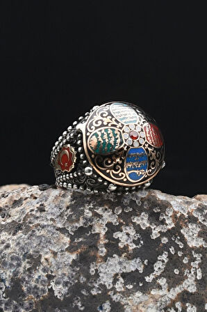 Özel Tasarım Nas Ve Felak Ve Ihlas Sureleri Mineli Ay Yıldızlı - Ay Yıldız Figürlü 925 Ayar Gümüş Erkek Yüzüğü 902330