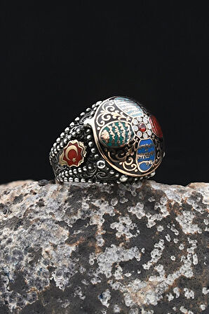 Özel Tasarım Nas Ve Felak Ve Ihlas Sureleri Mineli Ay Yıldızlı - Ay Yıldız Figürlü 925 Ayar Gümüş Erkek Yüzüğü 902330