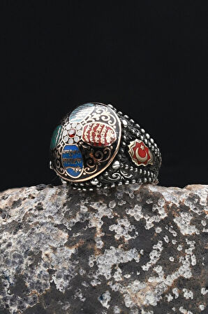 Özel Tasarım Nas Ve Felak Ve Ihlas Sureleri Mineli Ay Yıldızlı - Ay Yıldız Figürlü 925 Ayar Gümüş Erkek Yüzüğü 902330