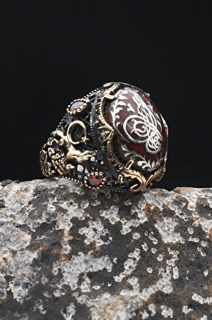 Ay Yıldızlı Ve Kurt Figürlü Ve Osmanlı Tuğralı Sıkma Kehribar Taşlı 925 Ayar Gümüş Erkek Yüzük 902332