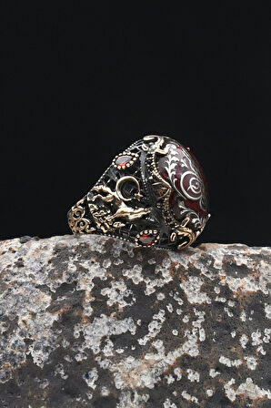 Ay Yıldızlı Ve Kurt Figürlü Ve Osmanlı Tuğralı Mineli 925 Ayar Gümüş Erkek Yüzük 902332