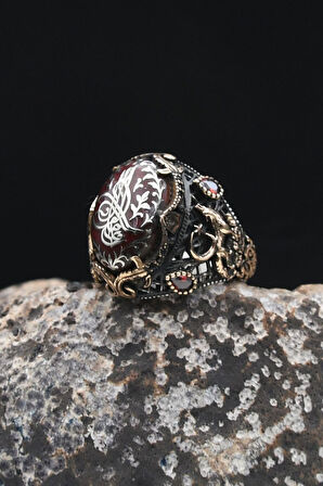 Ay Yıldızlı Ve Kurt Figürlü Ve Osmanlı Tuğralı Mineli 925 Ayar Gümüş Erkek Yüzük 902332