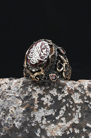 Ay Yıldızlı Ve Kurt Figürlü Ve Osmanlı Tuğralı Mineli 925 Ayar Gümüş Erkek Yüzük 902332