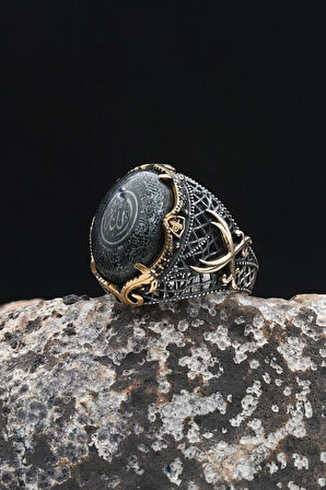 Özel Tasarım Hz. Ali'nin Kılıcı Zülfikar Ayetel Kürsi Yazlı Sıkma Kehribar Taşlı 925 Ayar Gümüş Erkek Yüzüğü 902333