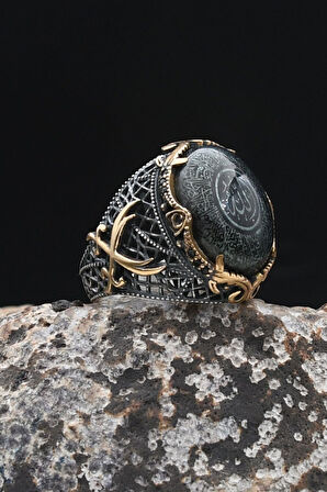 Özel Tasarım Hz. Ali'nin Kılıcı Zülfikar Ayetel Kürsi Yazlı Sıkma Kehribar Taşlı 925 Ayar Gümüş Erkek Yüzüğü 902333