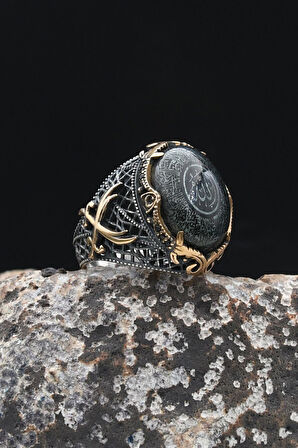 Özel Tasarım Hz. Ali'nin Kılıcı Zülfikar Ayetel Kürsi Yazlı Sıkma Kehribar Taşlı 925 Ayar Gümüş Erkek Yüzüğü 902333