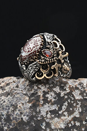 Özel Tasarımv Ay Yıldızlı Ve Aslan Ve Kartal Ve Hz. Ali'nin Zülfikar Kılıcı Figürlü Sıkma Kehribar Taşlı 925 Ayar Gümüş Erkek Yüzüğü 902334