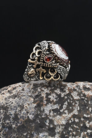 Özel Tasarımv Ay Yıldızlı Ve Aslan Ve Kartal Ve Hz. Ali'nin Zülfikar Kılıcı Figürlü Sıkma Kehribar Taşlı 925 Ayar Gümüş Erkek Yüzüğü 902334