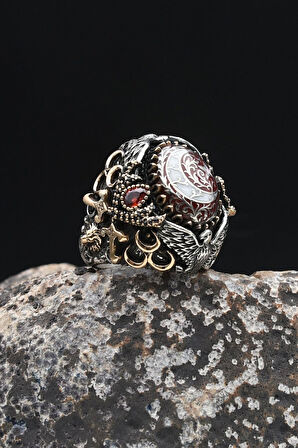 Özel Tasarımv Ay Yıldızlı Ve Aslan Ve Kartal Ve Hz. Ali'nin Zülfikar Kılıcı Figürlü Sıkma Kehribar Taşlı 925 Ayar Gümüş Erkek Yüzüğü 902334