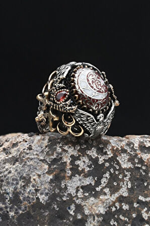 Özel Tasarımv Ay Yıldızlı Ve Aslan Ve Kartal Ve Hz. Ali'nin Zülfikar Kılıcı Figürlü Sıkma Kehribar Taşlı 925 Ayar Gümüş Erkek Yüzüğü 902334