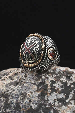 Özel Tasarım Hz. Ali'nin Kılıcı Zülfikar Sıkma Kehribar Taşlı 925 Ayar Gümüş Erkek Yüzüğü 902335