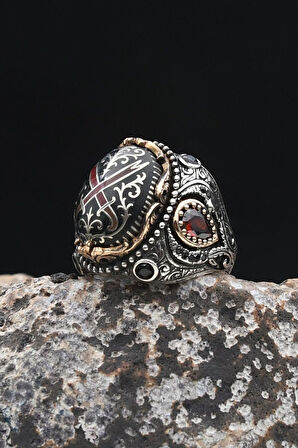 Özel Tasarım Hz. Ali'nin Kılıcı Zülfikar Sıkma Kehribar Taşlı 925 Ayar Gümüş Erkek Yüzüğü 902335