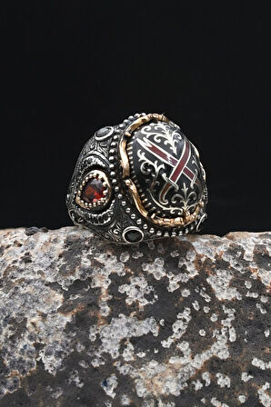 Özel Tasarım Hz. Ali'nin Kılıcı Zülfikar Sıkma Kehribar Taşlı 925 Ayar Gümüş Erkek Yüzüğü 902335