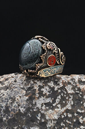 Özel Tasarım Nazar Duası ve Kelime-i Tevhid ve Allah ve Muhammed Yazılı Sıkma Kehribar Taşlı Gümüş Erkek Yüzük 902336