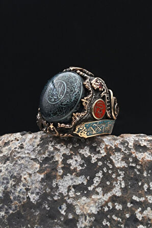 Özel Tasarım Nazar Duası ve Kelime-i Tevhid ve Allah ve Muhammed Yazılı Sıkma Kehribar Taşlı Gümüş Erkek Yüzük 902336