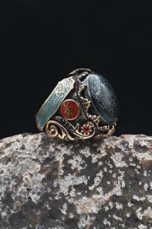 Özel Tasarım Nazar Duası ve Kelime-i Tevhid ve Allah ve Muhammed Yazılı Sıkma Kehribar Taşlı Gümüş Erkek Yüzük 902336