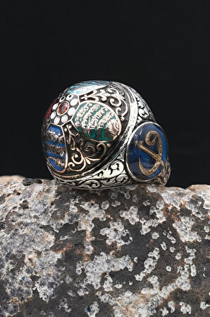 Özel Tasarım Nas Ve Felak Ve Ihlas Sureleri Mineli Vav Elif İşlemeli 925 Ayar Gümüş Erkek Yüzüğü 902337