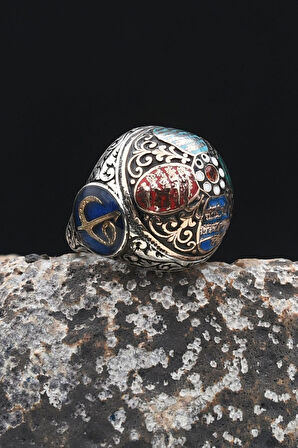 Özel Tasarım Nas Ve Felak Ve Ihlas Sureleri Mineli Vav Elif İşlemeli 925 Ayar Gümüş Erkek Yüzüğü 902337